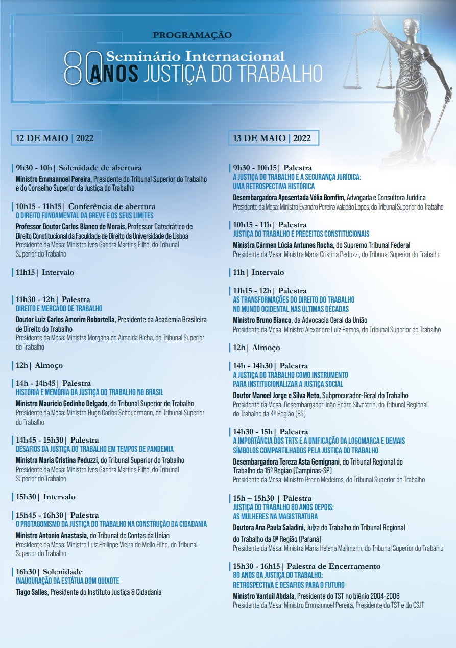 Programação do Seminário Internacional 80 anos da Justiça do Trabalho